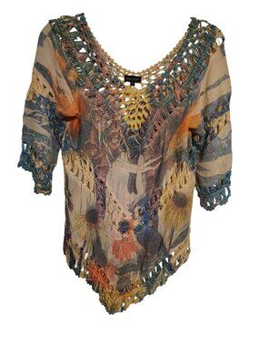 Dor Dor Couture Medium Open Knit Crochet Sweater, Boho Lagenlook Tie Dye Flower